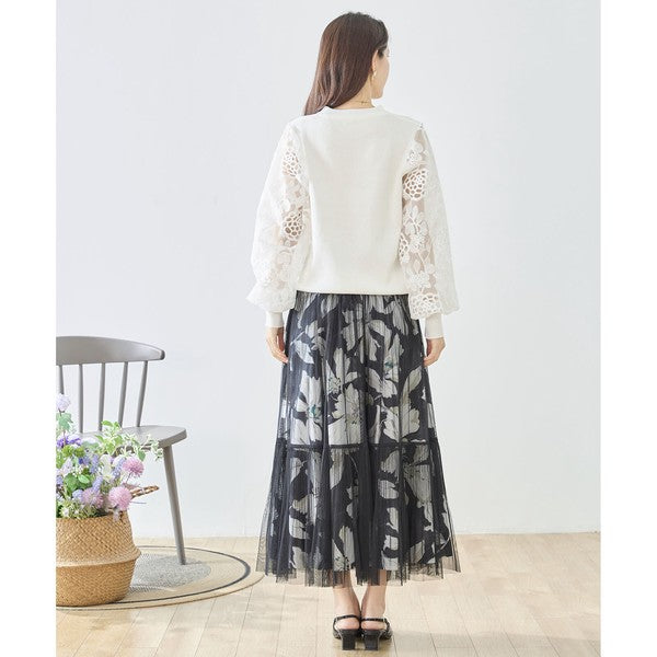 【M-L】袖レースニットトップス 花柄刺繍 異素材ドッキング ぽわん袖 春 TRUBE N12-1023