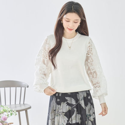 【M-L】袖レースニットトップス 花柄刺繍 異素材ドッキング ぽわん袖 春 TRUBE N12-1023