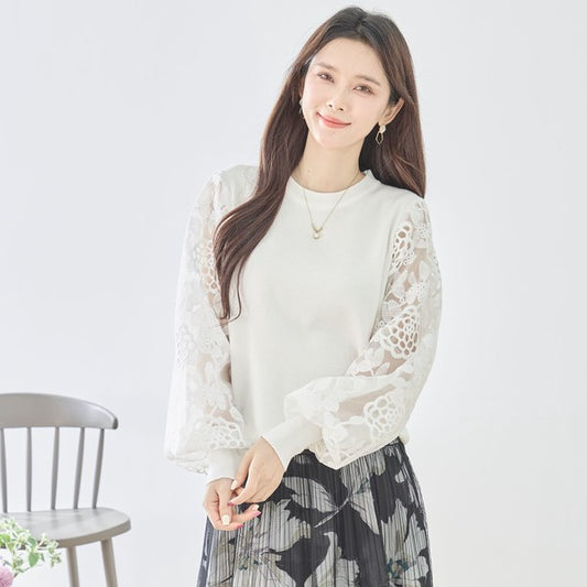 【M-L】袖レースニットトップス 花柄刺繍 異素材ドッキング ぽわん袖 春 TRUBE N12-1023