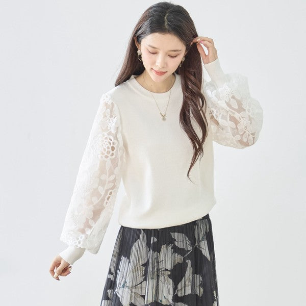 【M-L】袖レースニットトップス 花柄刺繍 異素材ドッキング ぽわん袖 春 TRUBE N12-1023