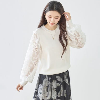 【M-L】袖レースニットトップス 花柄刺繍 異素材ドッキング ぽわん袖 春 TRUBE N12-1023