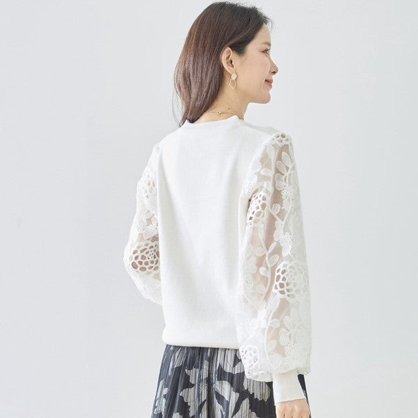 【M-L】袖レースニットトップス 花柄刺繍 異素材ドッキング ぽわん袖 春 TRUBE N12-1023