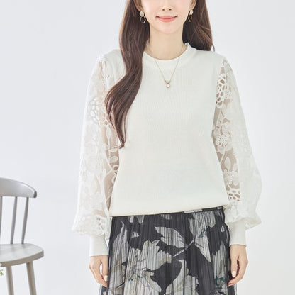 【M-L】袖レースニットトップス 花柄刺繍 異素材ドッキング ぽわん袖 春 TRUBE N12-1023