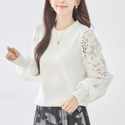 【M-L】袖レースニットトップス 花柄刺繍 異素材ドッキング ぽわん袖 春 TRUBE N12-1023