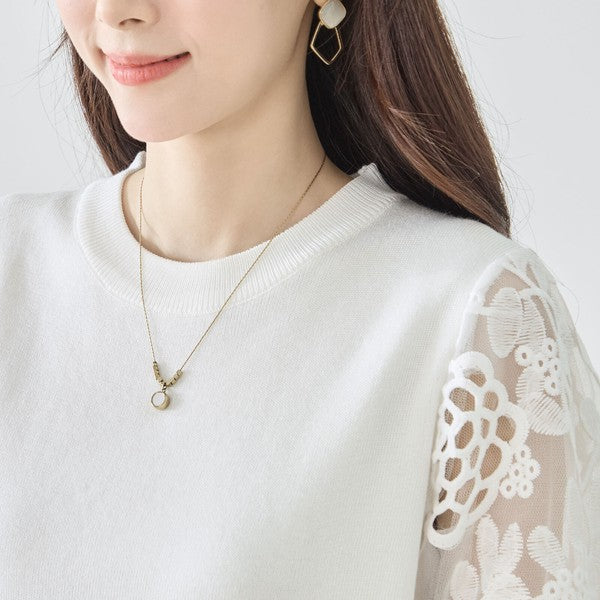 【M-L】袖レースニットトップス 花柄刺繍 異素材ドッキング ぽわん袖 春 TRUBE N12-1023