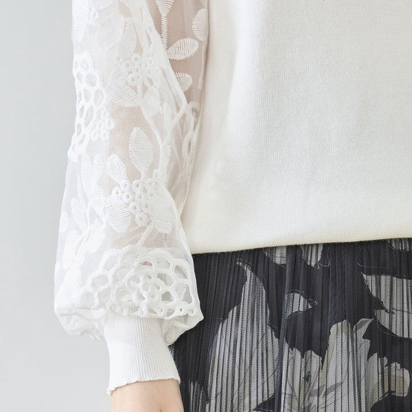 【M-L】袖レースニットトップス 花柄刺繍 異素材ドッキング ぽわん袖 春 TRUBE N12-1023