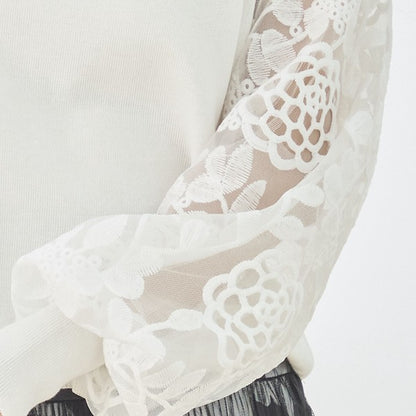 【M-L】袖レースニットトップス 花柄刺繍 異素材ドッキング ぽわん袖 春 TRUBE N12-1023