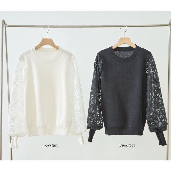 【M-L】袖レースニットトップス 花柄刺繍 異素材ドッキング ぽわん袖 春 TRUBE N12-1023