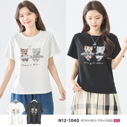 猫プリント Tシャツ スパンコール装飾 半袖 綿混 ストレッチ クルーネック 白