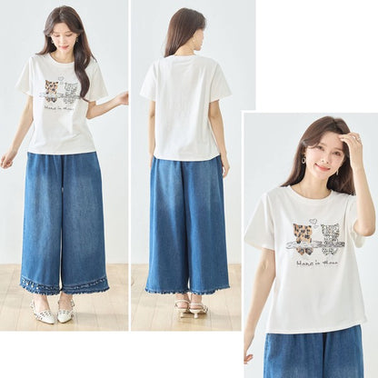猫プリント Tシャツ スパンコール装飾 半袖 綿混 ストレッチ クルーネック 白