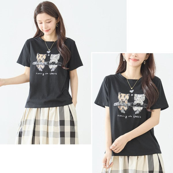 猫プリント Tシャツ スパンコール装飾 半袖 綿混 ストレッチ クルー