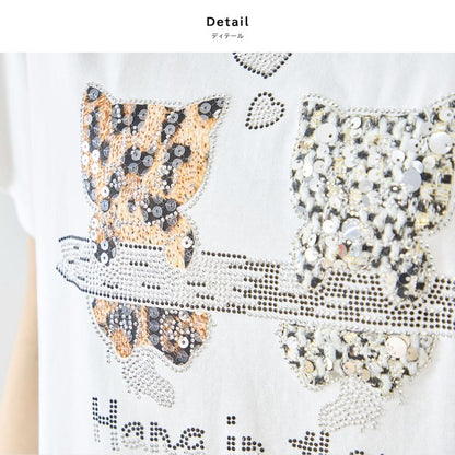 猫プリント Tシャツ スパンコール装飾 半袖 綿混 ストレッチ クルーネック 白