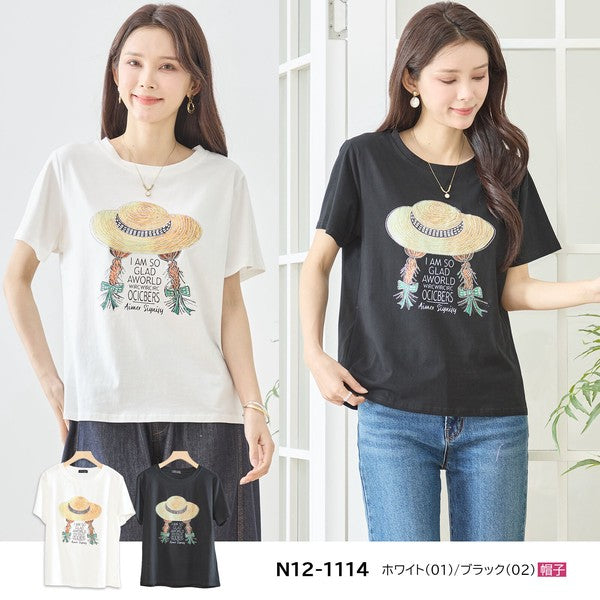 ハットガール プリント Tシャツ スパンコール装飾 半袖 綿混 ストレッチ クルーネック 白