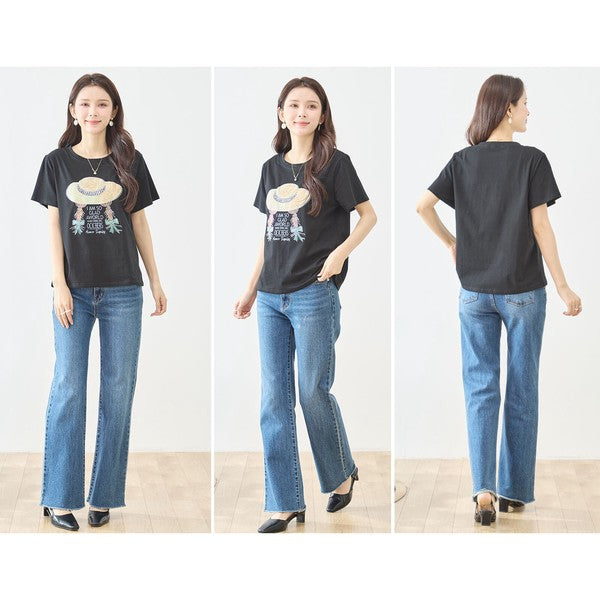 ハットガール プリント Tシャツ スパンコール装飾 半袖 綿混 ストレッチ クルーネック 白