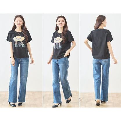 ハットガール プリント Tシャツ スパンコール装飾 半袖 綿混 ストレッチ クルーネック 白