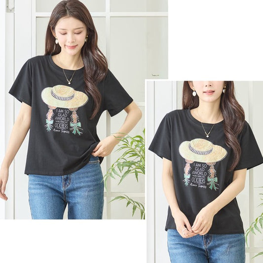 ハットガール プリント Tシャツ スパンコール装飾 半袖 綿混 ストレッチ クルーネック 白