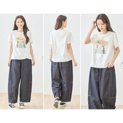 ハットガール プリント Tシャツ スパンコール装飾 半袖 綿混 ストレッチ クルーネック 白