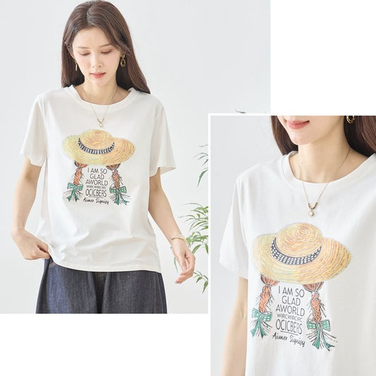 ハットガール プリント Tシャツ スパンコール装飾 半袖 綿混 ストレッチ クルーネック 白
