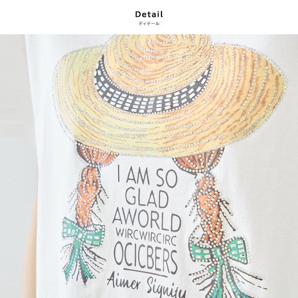 ハットガール プリント Tシャツ スパンコール装飾 半袖 綿混 ストレッチ クルーネック 白