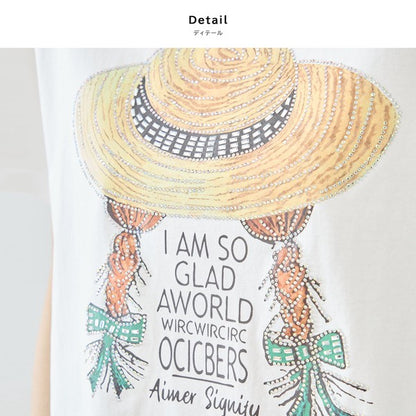 ハットガール プリント Tシャツ スパンコール装飾 半袖 綿混 ストレッチ クルーネック 白