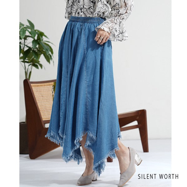 スカート フリンジヘム アシンメトリー フレア ウエストゴム 綿100 秋 M