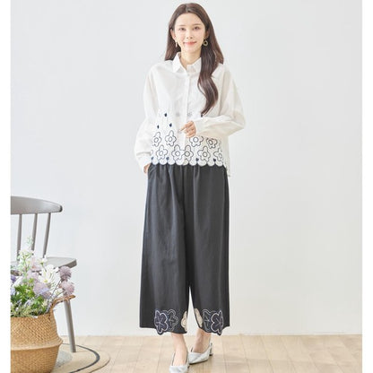 裾フラワー刺繍 スカラップヘム シャツ ブラウス 長袖 ゆったり 綿100% 春 夏