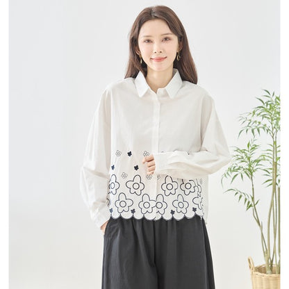 裾フラワー刺繍 スカラップヘム シャツ ブラウス 長袖 ゆったり 綿100% 春 夏