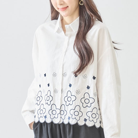 裾フラワー刺繍 スカラップヘム シャツ ブラウス 長袖 ゆったり 綿100% 春 夏