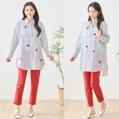 無地 白 刺繍モチーフ ロングシャツ チュニック 長袖 綿100 前後差 ゆったり