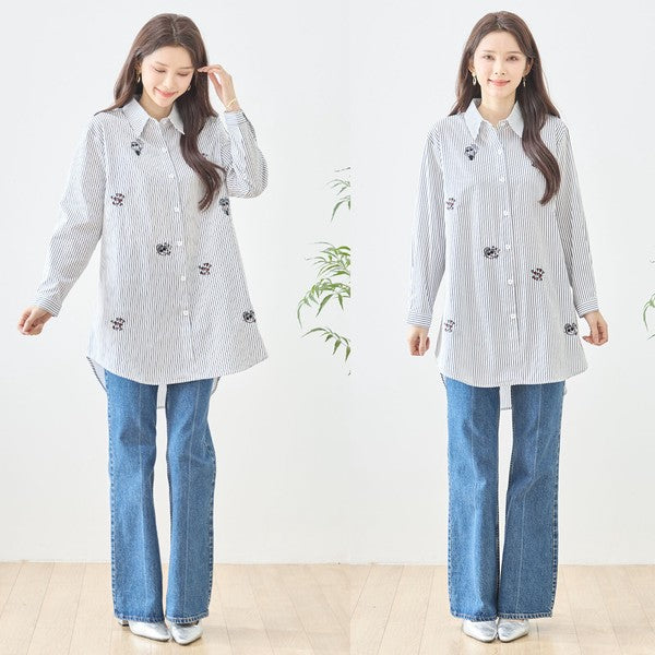 無地 白 刺繍モチーフ ロングシャツ チュニック 長袖 綿100 前後差 ゆったり