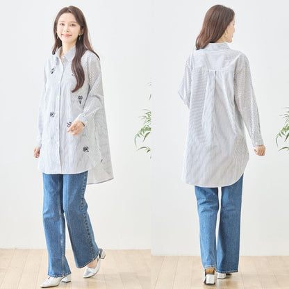 無地 白 刺繍モチーフ ロングシャツ チュニック 長袖 綿100 前後差 ゆったり