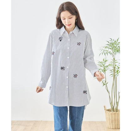 無地 白 刺繍モチーフ ロングシャツ チュニック 長袖 綿100 前後差 ゆったり