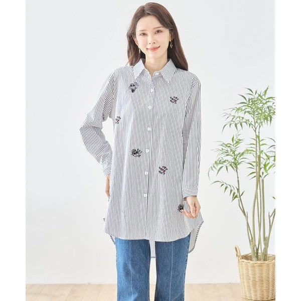 無地 白 刺繍モチーフ ロングシャツ チュニック 長袖 綿100 前後差 ゆったり