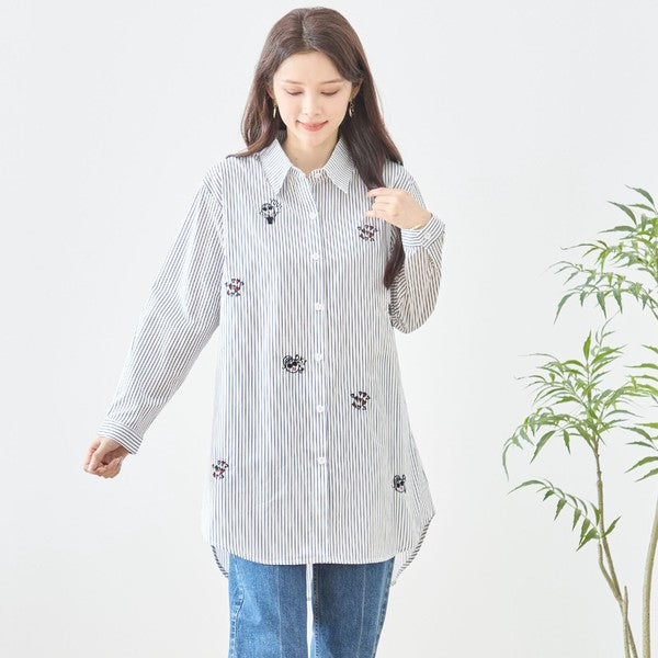 無地 白 刺繍モチーフ ロングシャツ チュニック 長袖 綿100 前後差 ゆったり