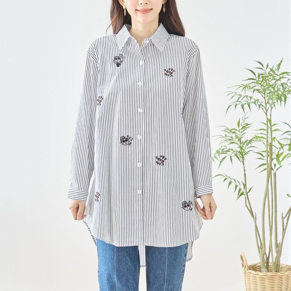 無地 白 刺繍モチーフ ロングシャツ チュニック 長袖 綿100 前後差 ゆったり