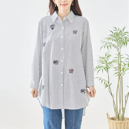 無地 白 刺繍モチーフ ロングシャツ チュニック 長袖 綿100 前後差 ゆったり