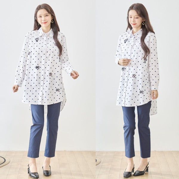 無地 白 刺繍モチーフ ロングシャツ チュニック 長袖 綿100 前後差 ゆったり
