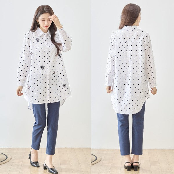 無地 白 刺繍モチーフ ロングシャツ チュニック 長袖 綿100 前後差 ゆったり