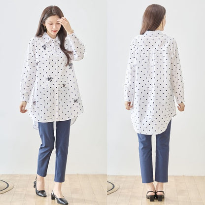 無地 白 刺繍モチーフ ロングシャツ チュニック 長袖 綿100 前後差 ゆったり