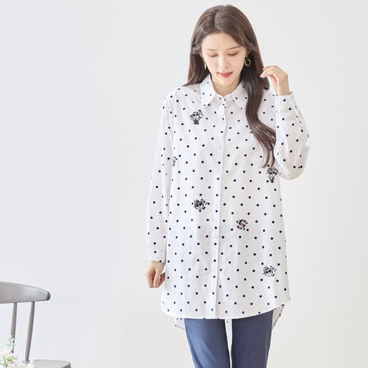 無地 白 刺繍モチーフ ロングシャツ チュニック 長袖 綿100 前後差 ゆったり