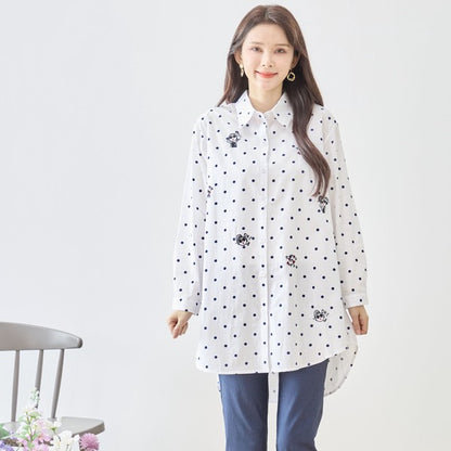 無地 白 刺繍モチーフ ロングシャツ チュニック 長袖 綿100 前後差 ゆったり