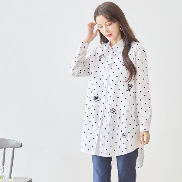 無地 白 刺繍モチーフ ロングシャツ チュニック 長袖 綿100 前後差 ゆったり