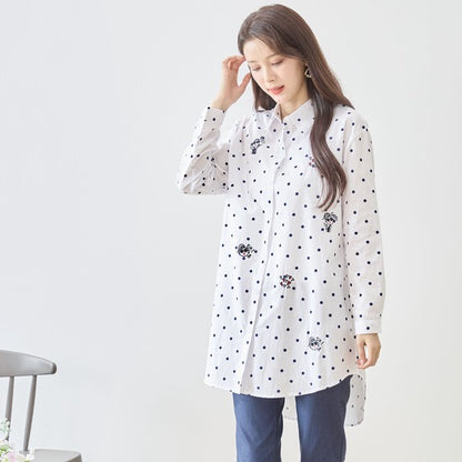 無地 白 刺繍モチーフ ロングシャツ チュニック 長袖 綿100 前後差 ゆったり