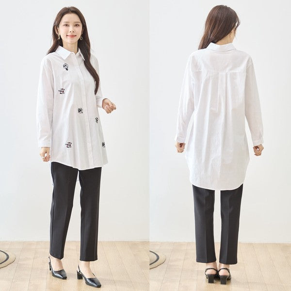 無地 白 刺繍モチーフ ロングシャツ チュニック 長袖 綿100 前後差 ゆったり