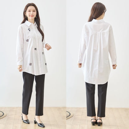 無地 白 刺繍モチーフ ロングシャツ チュニック 長袖 綿100 前後差 ゆったり