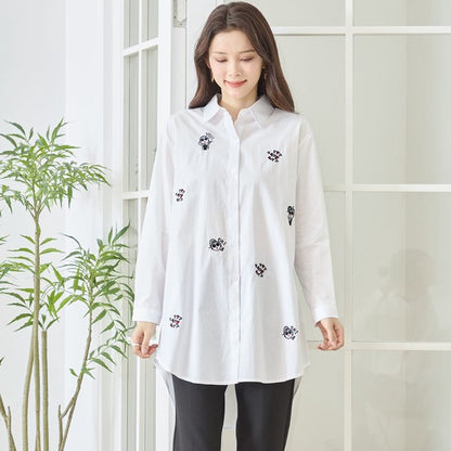 無地 白 刺繍モチーフ ロングシャツ チュニック 長袖 綿100 前後差 ゆったり