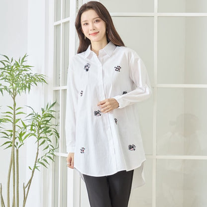 無地 白 刺繍モチーフ ロングシャツ チュニック 長袖 綿100 前後差 ゆったり