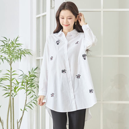 無地 白 刺繍モチーフ ロングシャツ チュニック 長袖 綿100 前後差 ゆったり