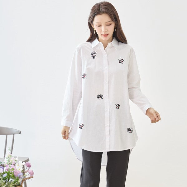 無地 白 刺繍モチーフ ロングシャツ チュニック 長袖 綿100 前後差 ゆったり
