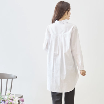 無地 白 刺繍モチーフ ロングシャツ チュニック 長袖 綿100 前後差 ゆったり